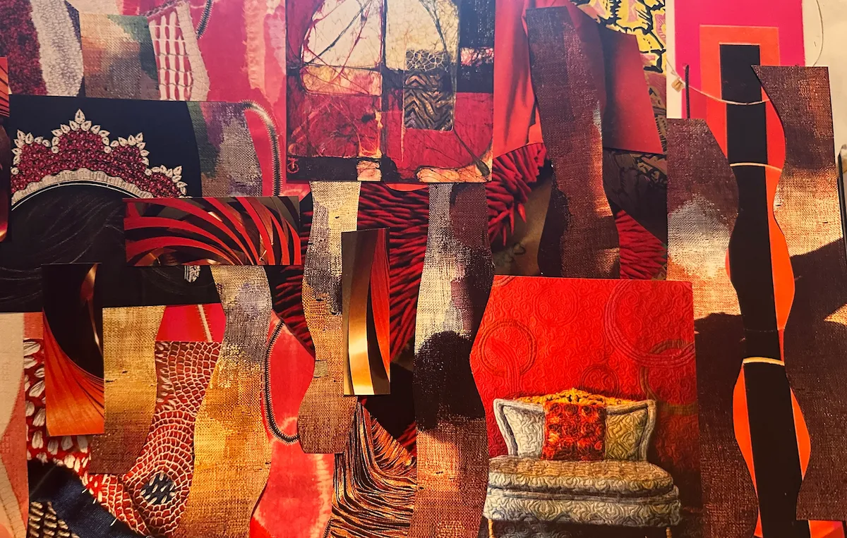 A handmade collage map for a musician navigating creative identity. Deep red, black, and gold. A jewelled crown sits in the upper left corner.