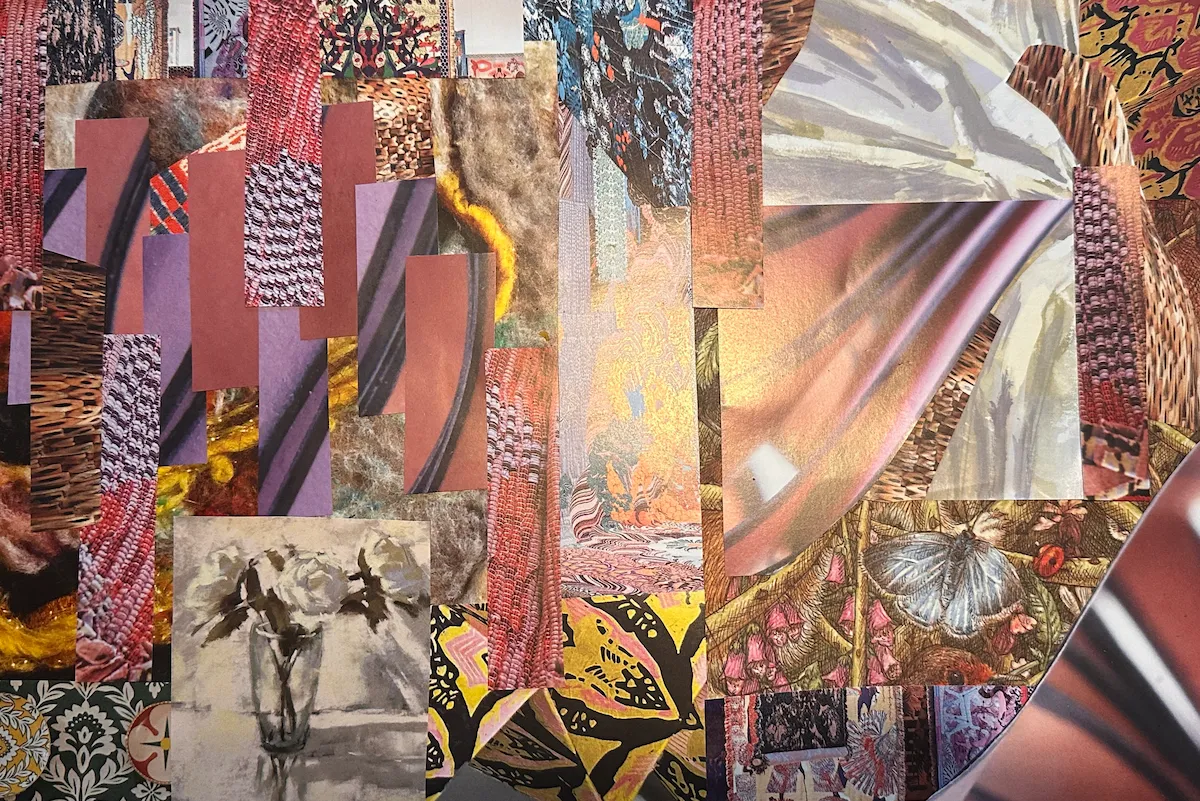 A handmade collage map for a muralist with ADHD. Warm earth tones: mauve, terracotta, dusty rose. Two red braided columns run vertically through the centre, with butterflies and a luminous forest glow.